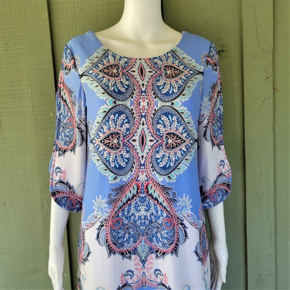 ROZ & ALI Pale Blue Paisley Print Slinky Dress 6 - Picture 2 of 5